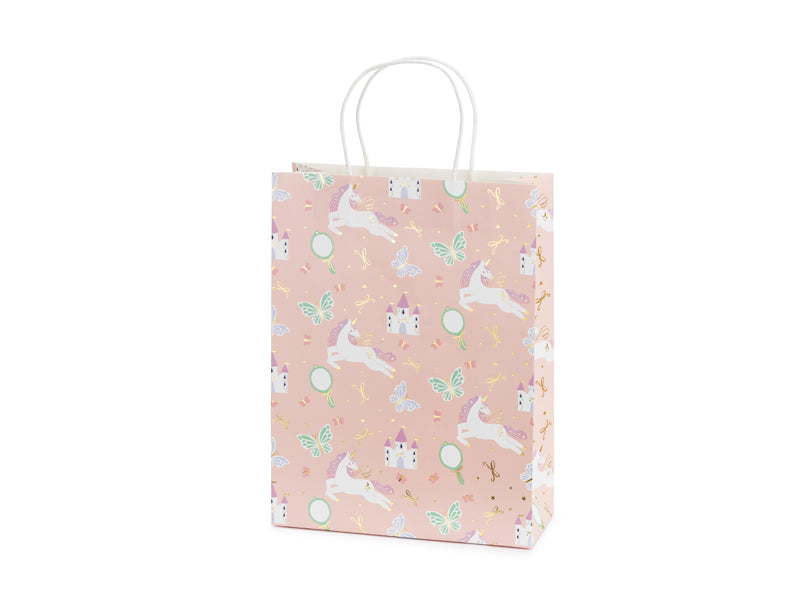 A single gift bag with a magical fairytale design, perfect for presenting party favors or gifts at a themed event.