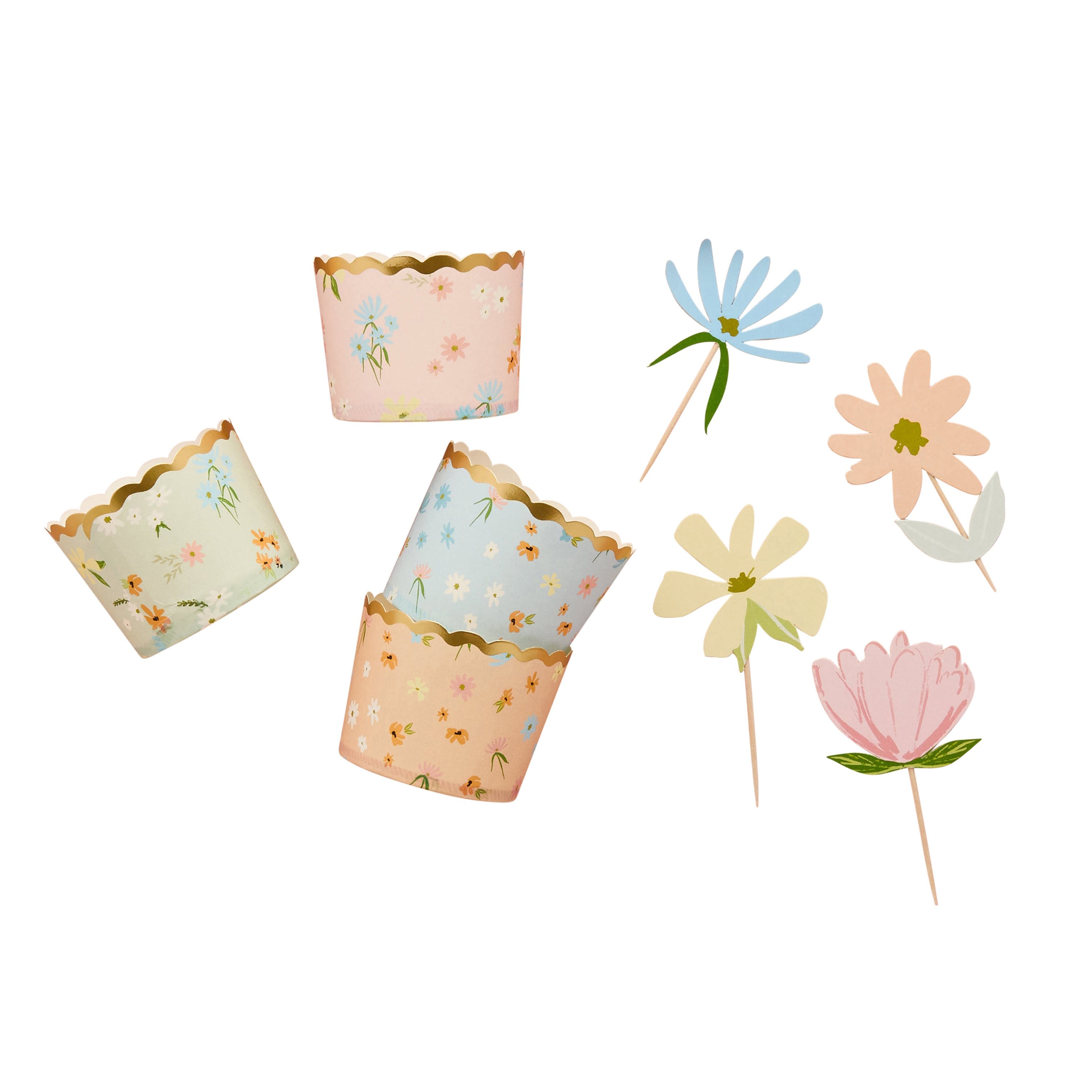 A set of 12 decorative food picks and coordinating cups, designed with garden party themes.