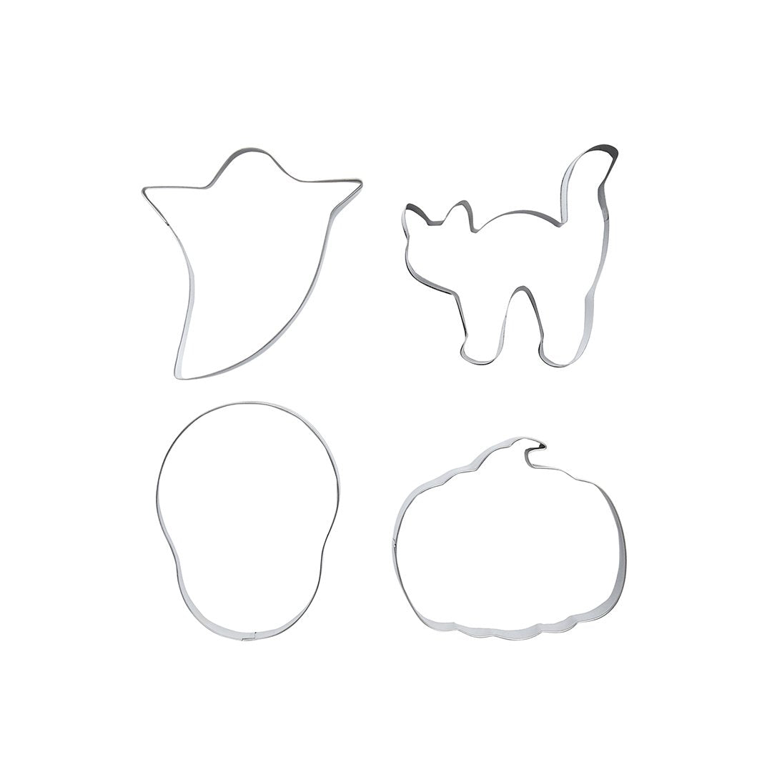 Set of four metal cookie cutters shaped like a ghost, cat, skull, and pumpkin on a white background.