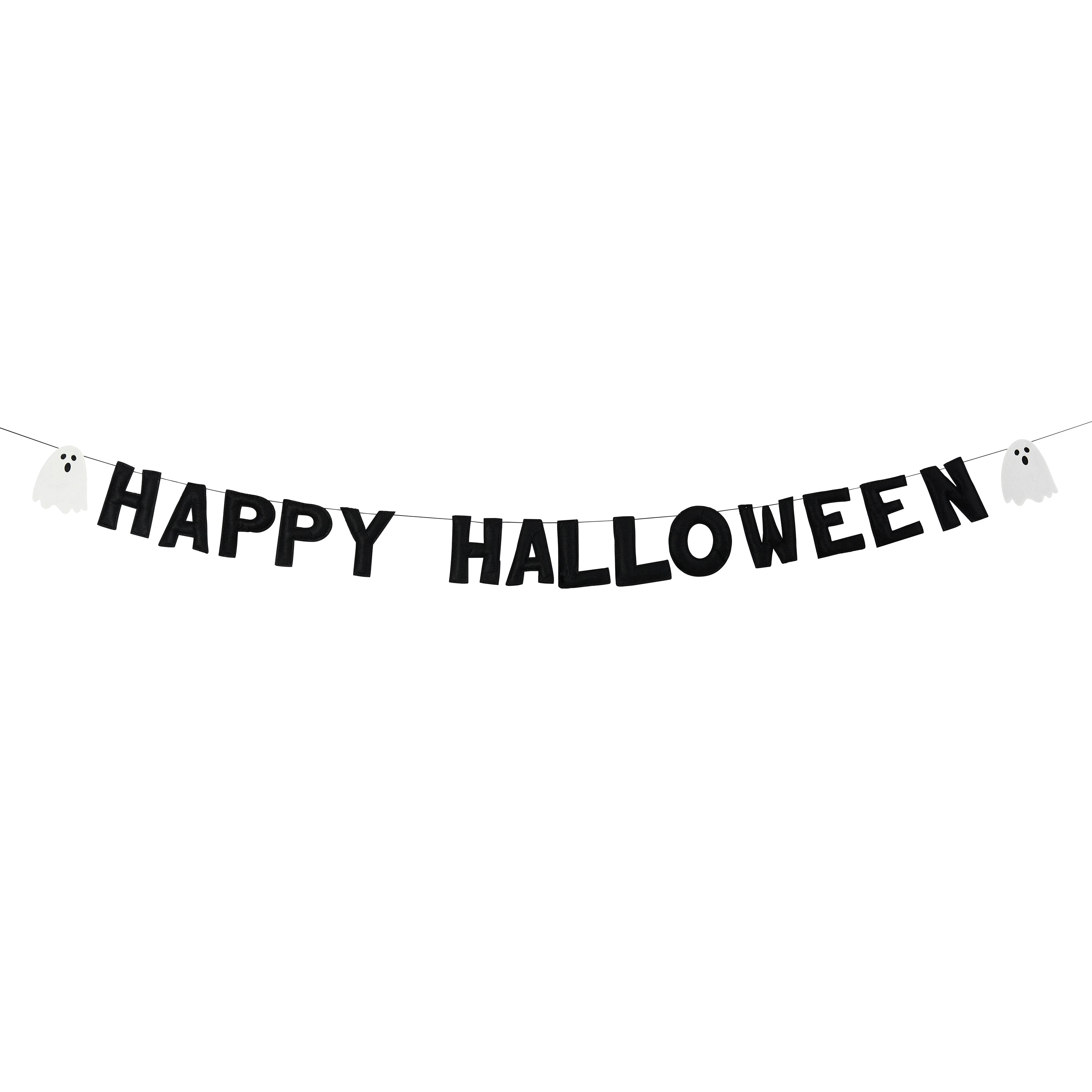 Black felt 'Happy Halloween' banner with ghost decorations on a white background