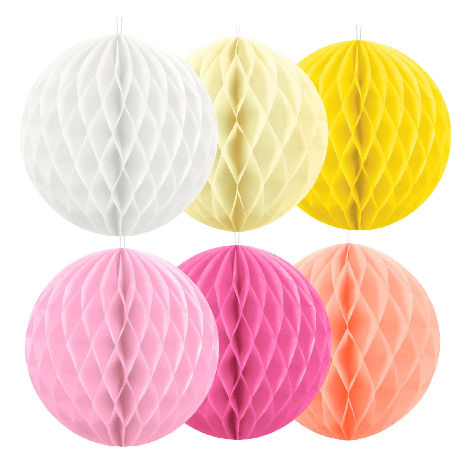 hHoneycomb balls in white, yellow, pink, and orange on a white background