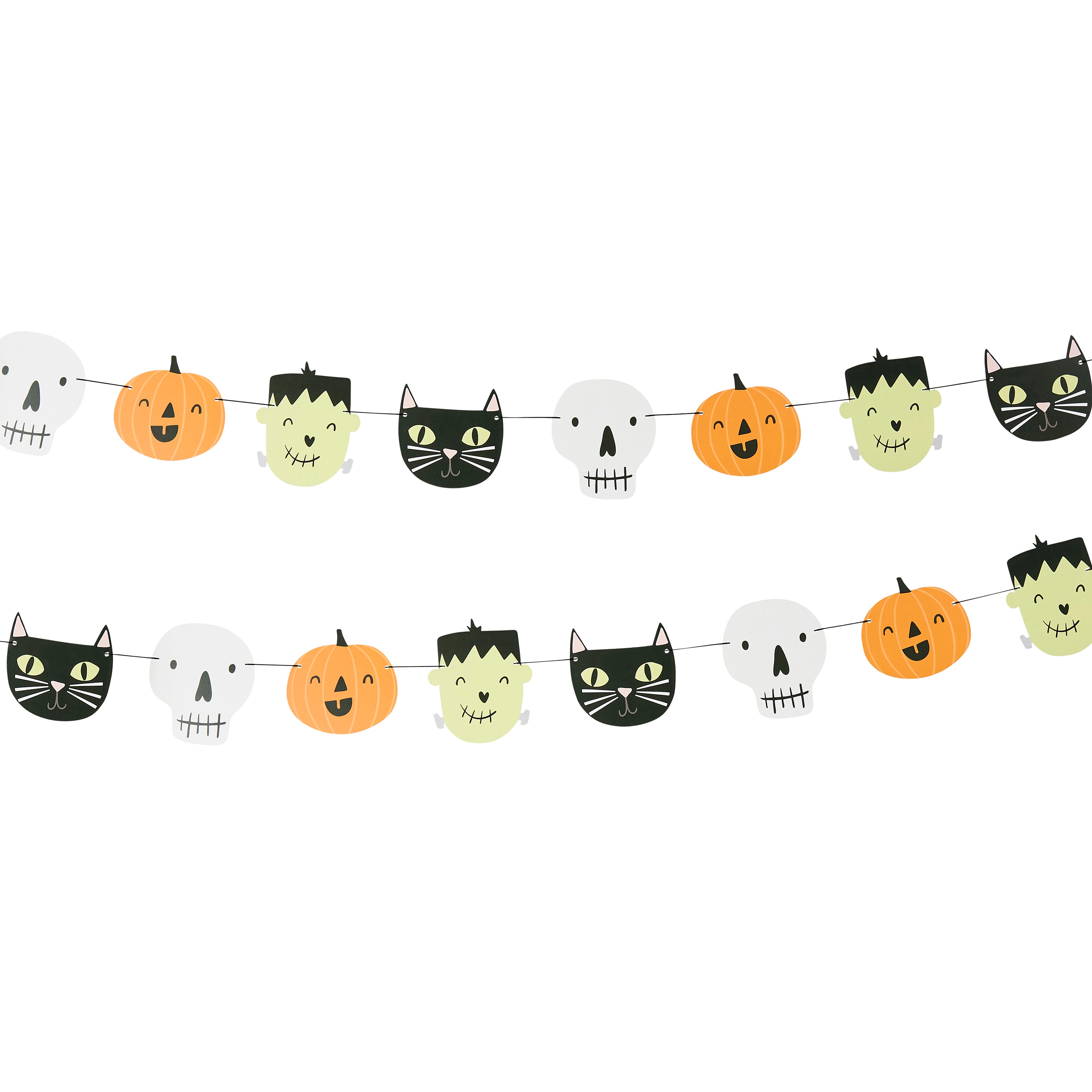 Halloween-themed decorative banner with pumpkins, cats, skulls and frankinstine on a white background