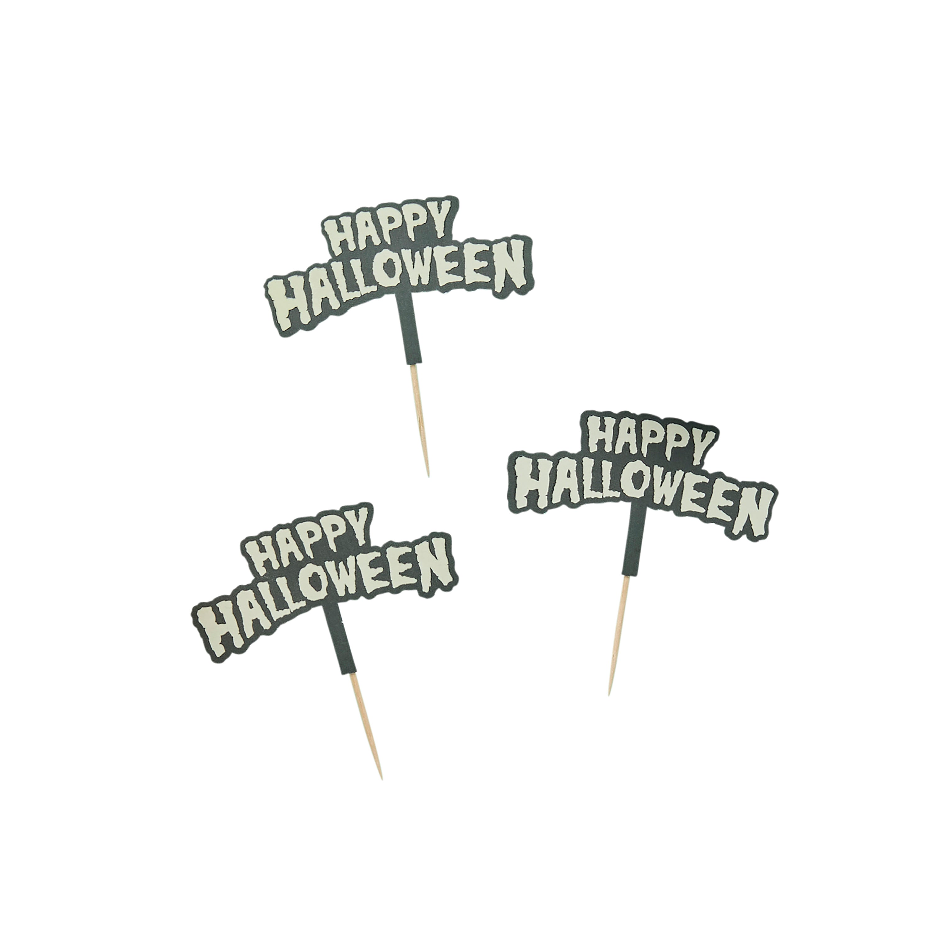 'Happy Halloween' signs on toothpicks against a white background