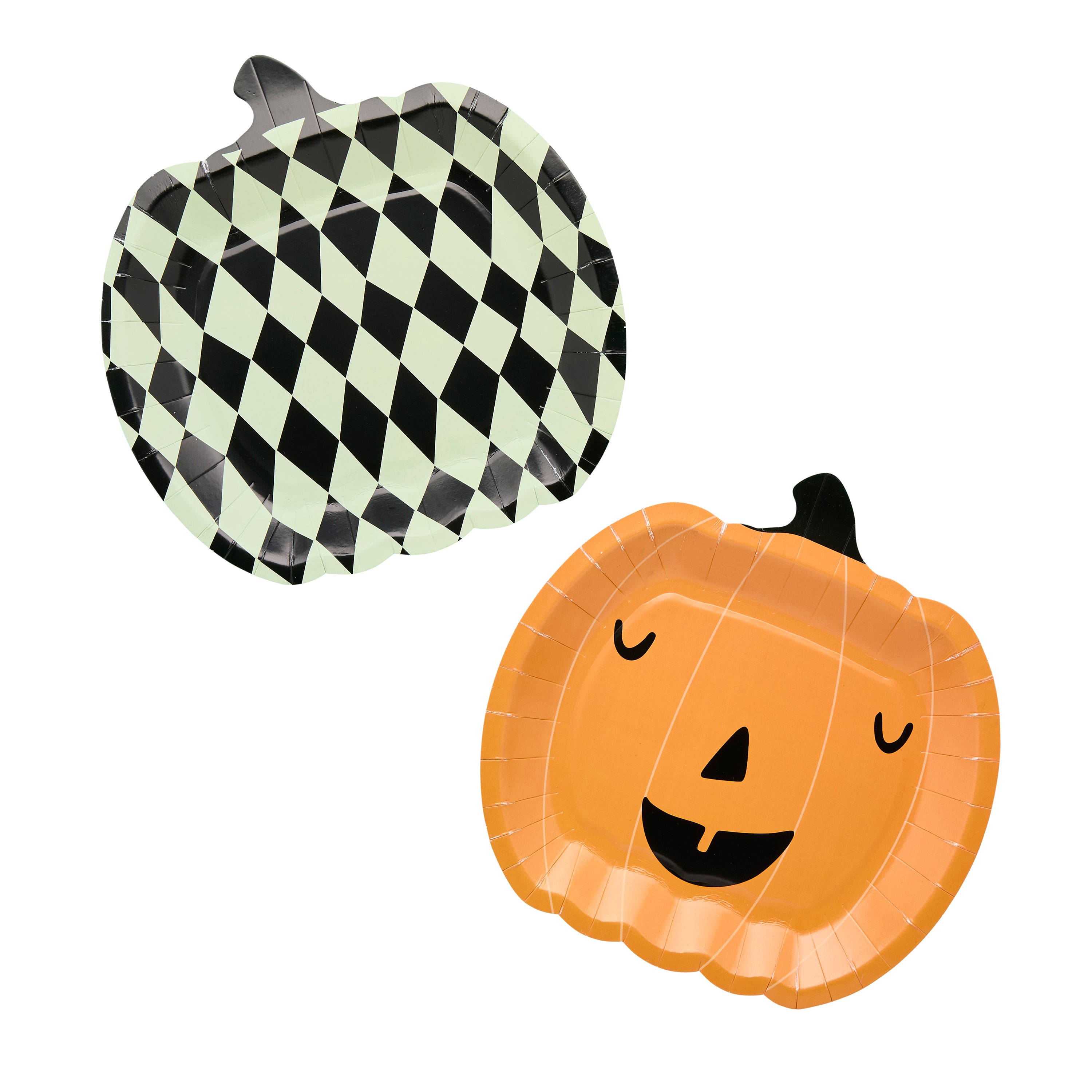 Two Halloween-themed paper plates, one checkered and one jack-o'-lantern face, on a white background.