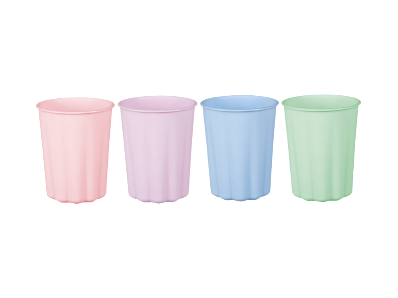 A set of 4 matching plastic cups with frill detailing, designed for a reusable, elegant party setting, in 4 different colour options