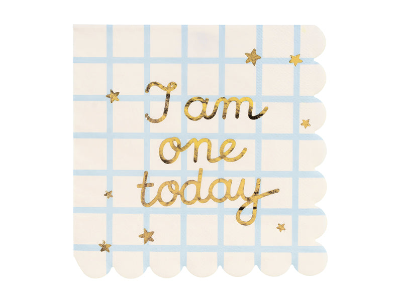 Napkins with 'I am one today' text in gold on a blue and beige checkered pattern