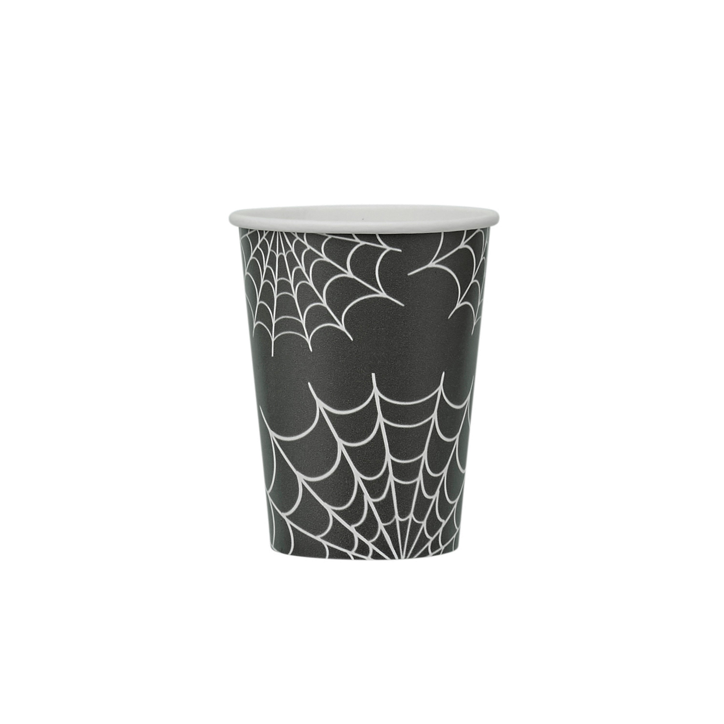Black paper cup with white spider web pattern on a white background