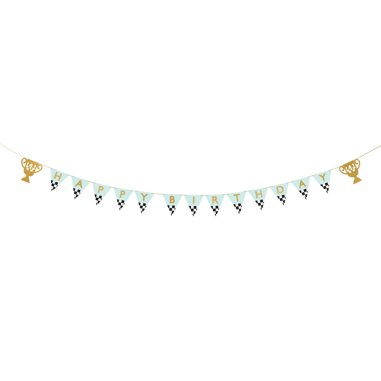 A “Happy Birthday” banner featuring trophies, cars, and race track motifs for a winner’s celebration.