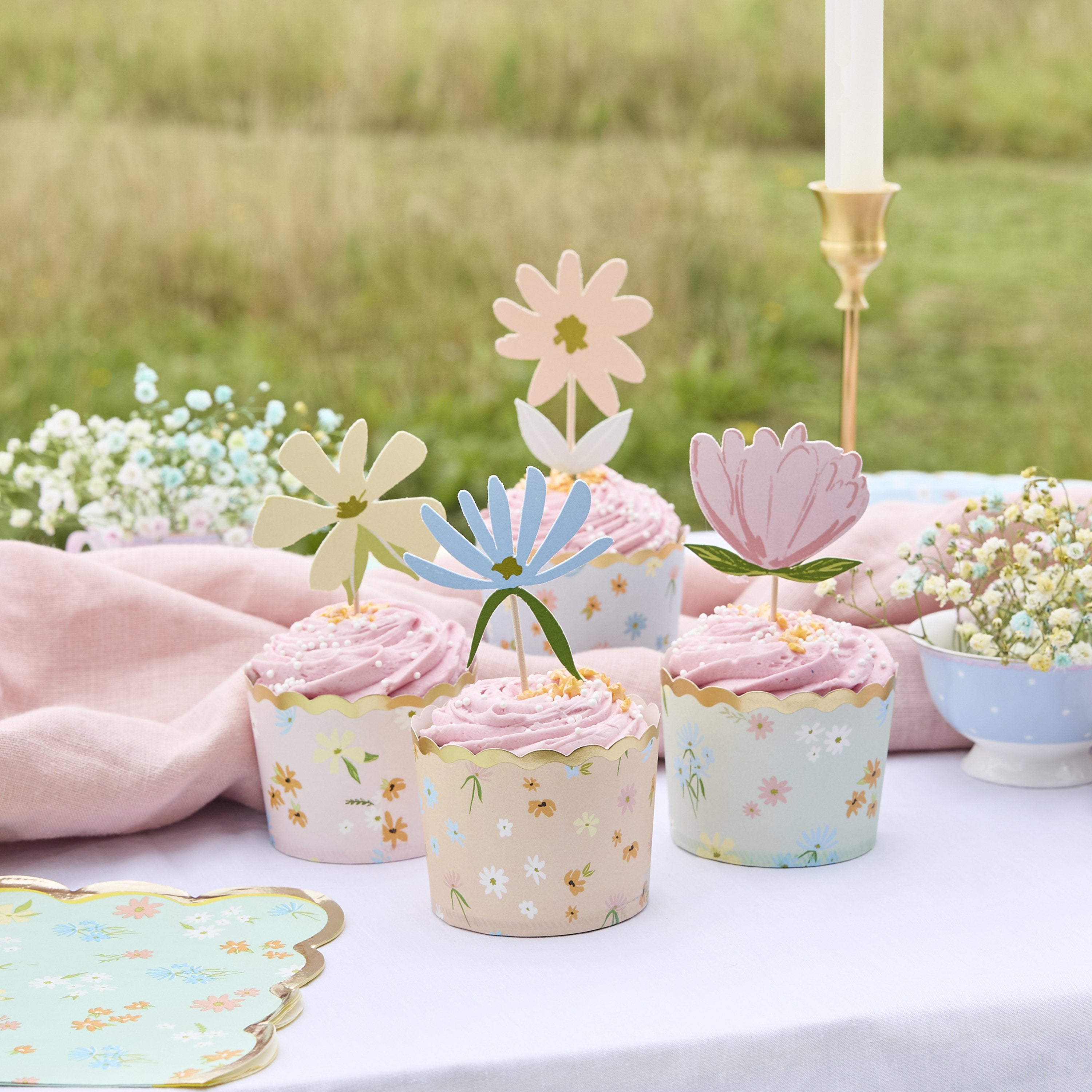 cupcake cases, flower food picks, pink, blue, sage, peach