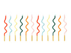 A set of 12 colorful curly candles with a circus vibe, perfect for adding a festive touch to your birthday cakes.