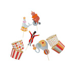 A set of 12 food picks and matching cups, featuring colorful circus designs.