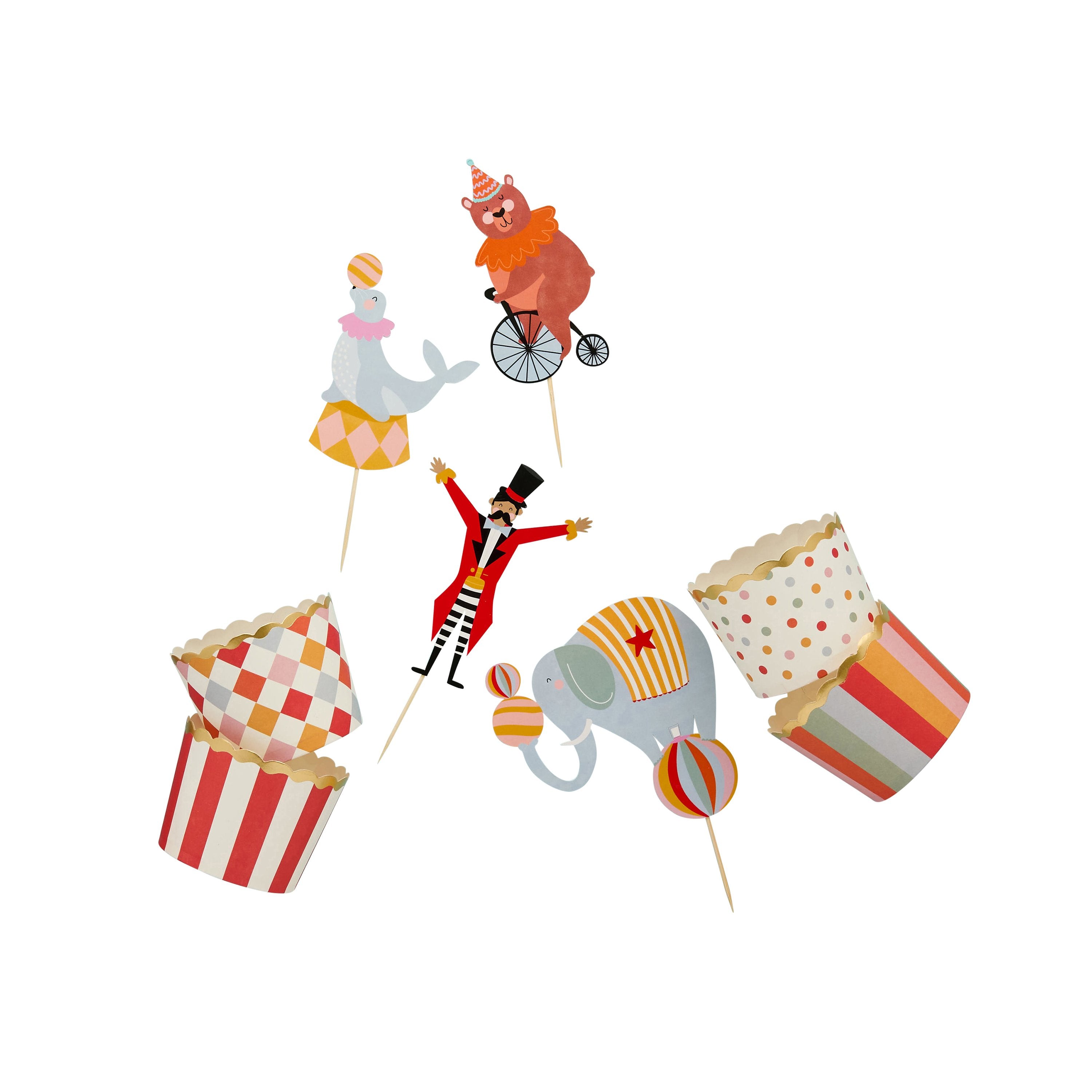 A set of 12 food picks and matching cups, featuring colorful circus designs.