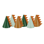 A set of 6 party hats with dinosaur prints, ideal for little partygoers.