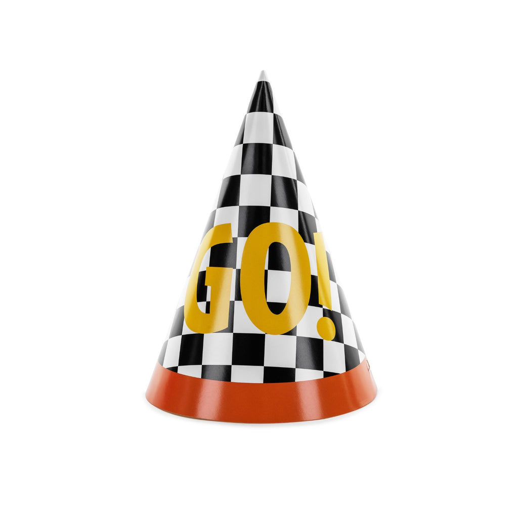 A set of 6 cone party hats with race-inspired graphics and checkered trims.