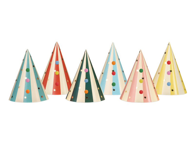 A set of 6 party hats featuring a playful circus theme, perfect for guests to wear at a carnival celebration.