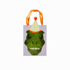 A set of 5 party favor bags with a fun dinosaur design, ideal for handing out party goodies.