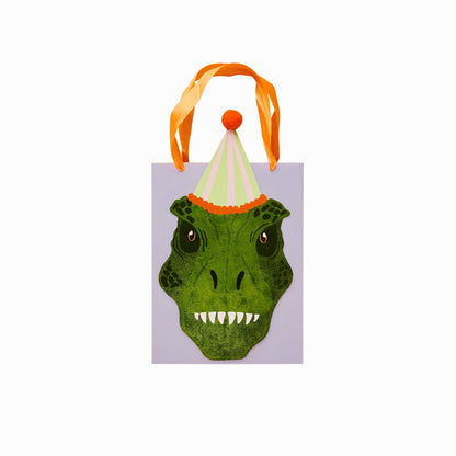 A set of 5 party favor bags with a fun dinosaur design, ideal for handing out party goodies.