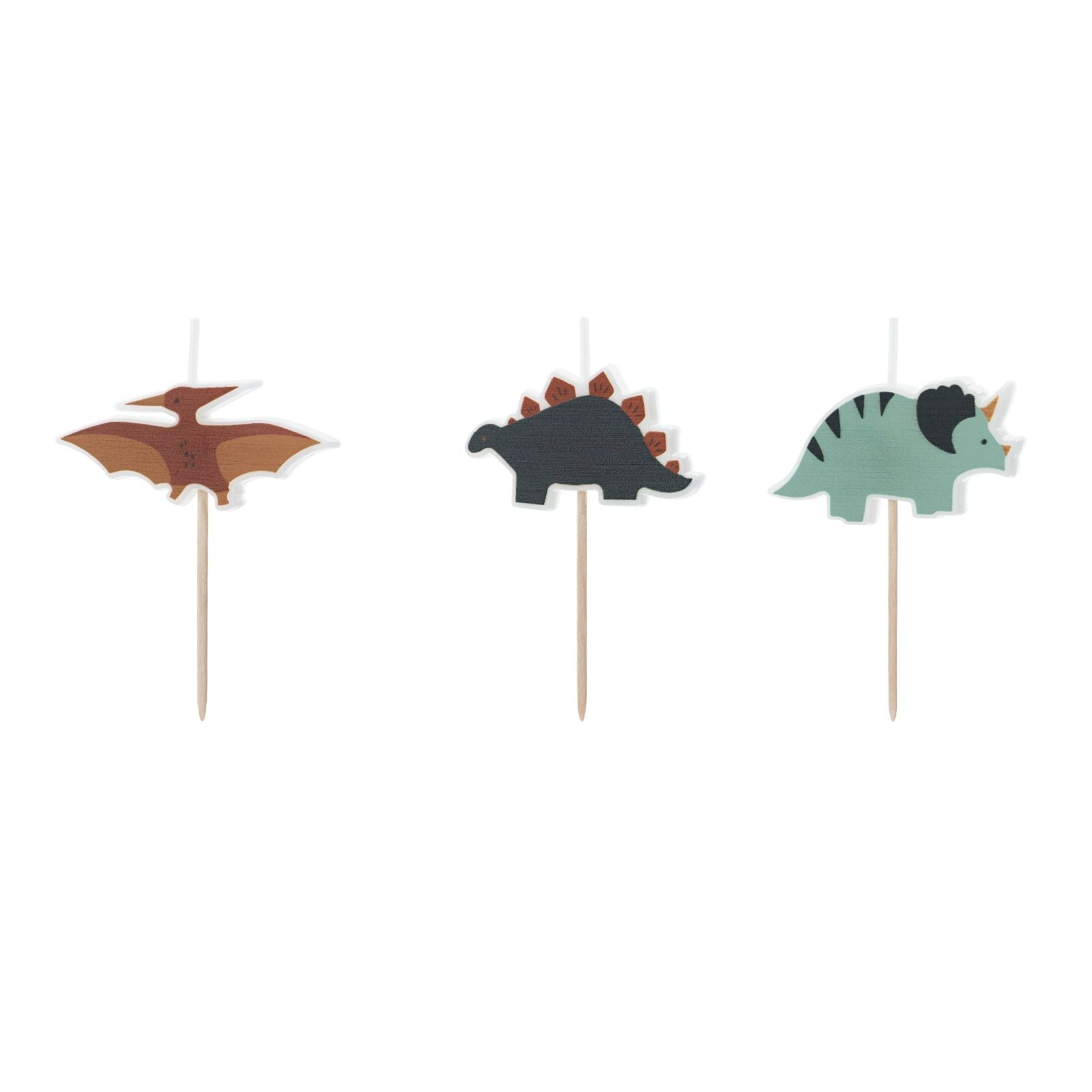 A set of 3 dinosaur-themed birthday candles, shaped like dinos and prehistoric elements.
