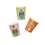 A set of 6 cups featuring playful dinosaur designs, perfect for a dinosaur-themed party.