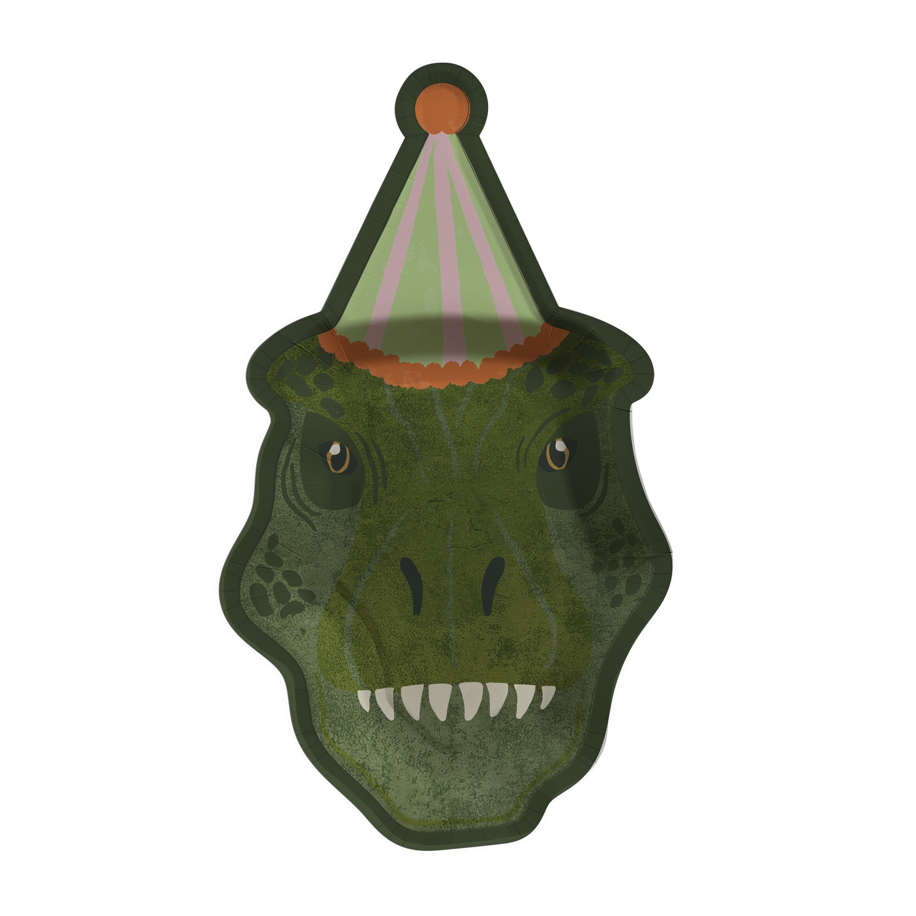 A set of 8 paper plates with vibrant dinosaur prints, ideal for serving food at a dino-themed party.