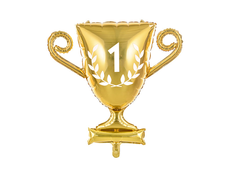 Gold trophy-shaped balloon with number '1' 