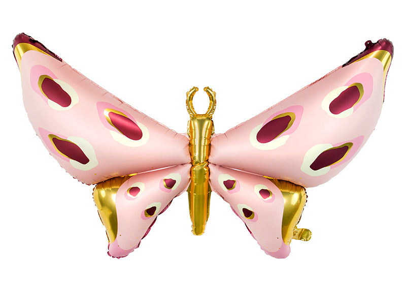 Pink and gold butterfly-shaped balloon on a white background