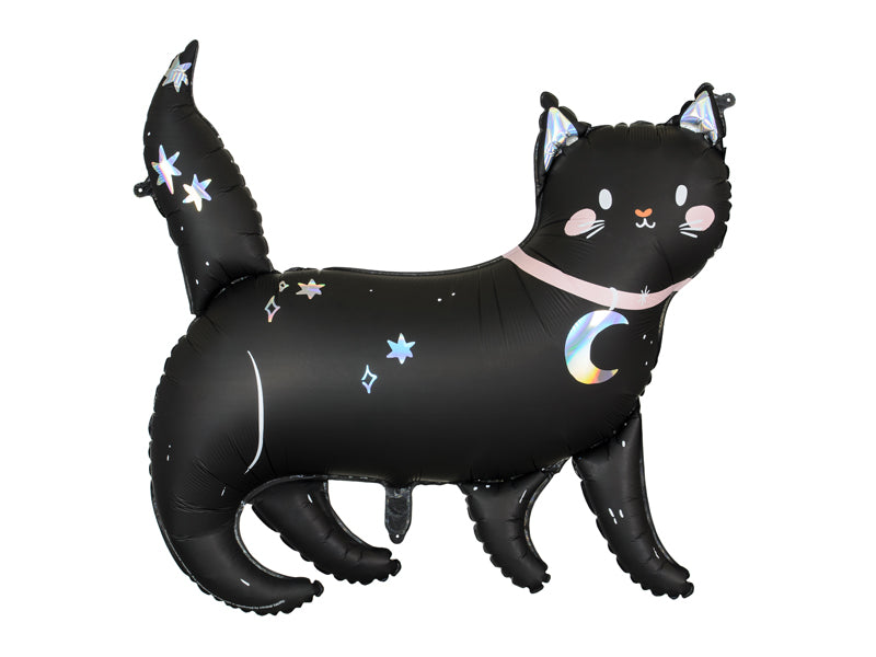 Black cat-shaped balloon with star and moon designs on a white background
