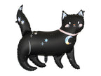 Black cat-shaped balloon with star and moon designs on a white background