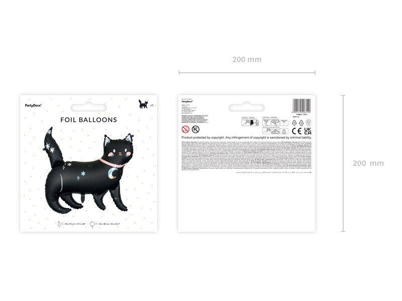 Foil balloon packaging with black cat design on a white background