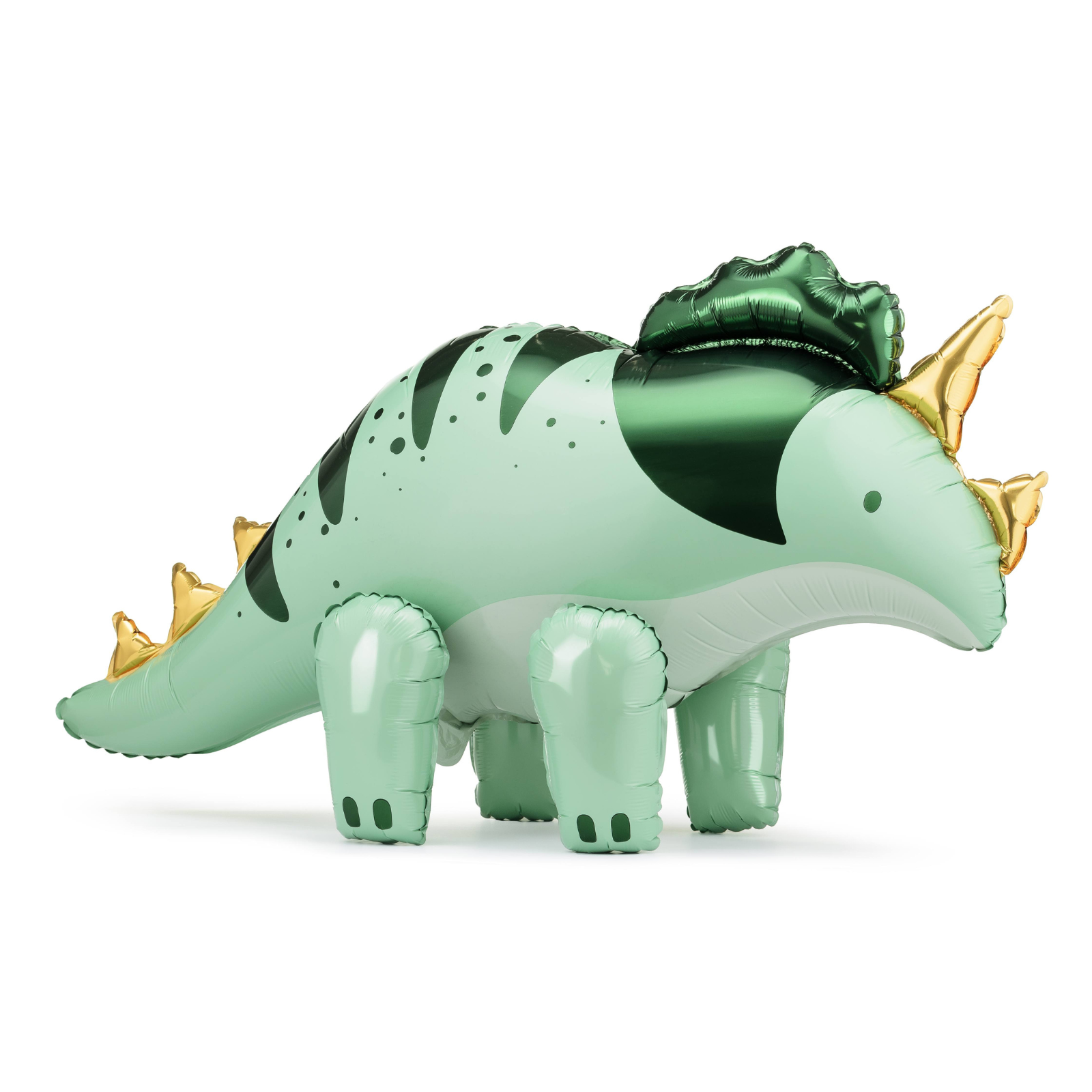 A large foil balloon shaped like a triceratops, perfect for bold dino party decorations.