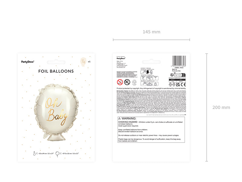 Foil balloon packaging with 'Oh Baby' text on a white background