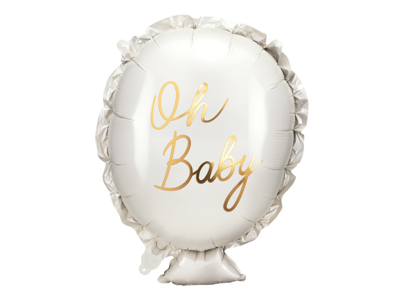 White balloon with 'Oh Baby' text in gold 
