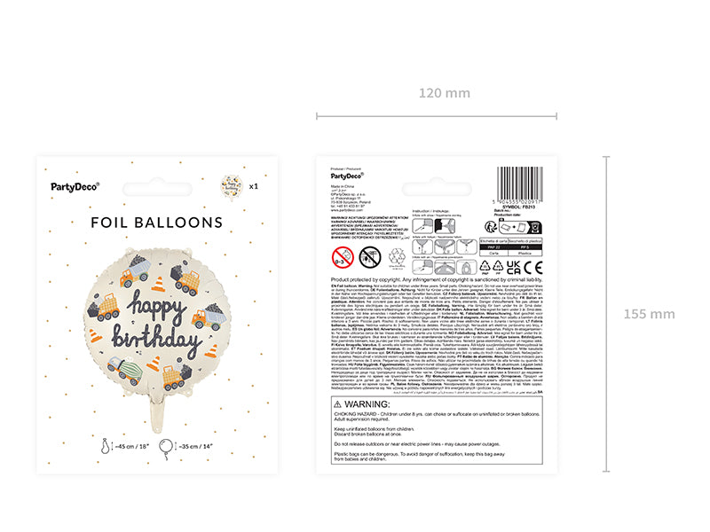 PartyDeco foil balloon packaging with dimensions and warning labels on a white background
