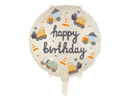 Round foil balloon with Little Builder construction site design and colorful graphics