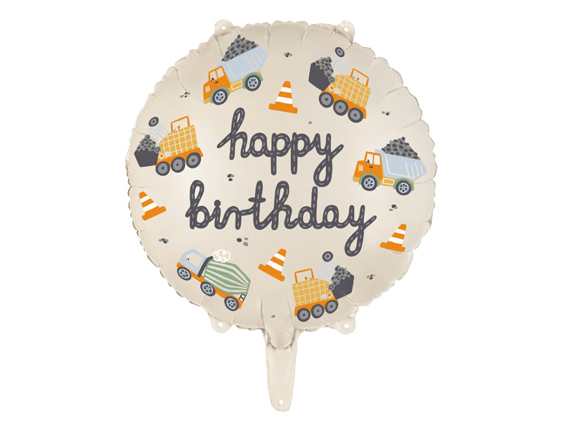 Round foil balloon with Little Builder construction site design and colorful graphics