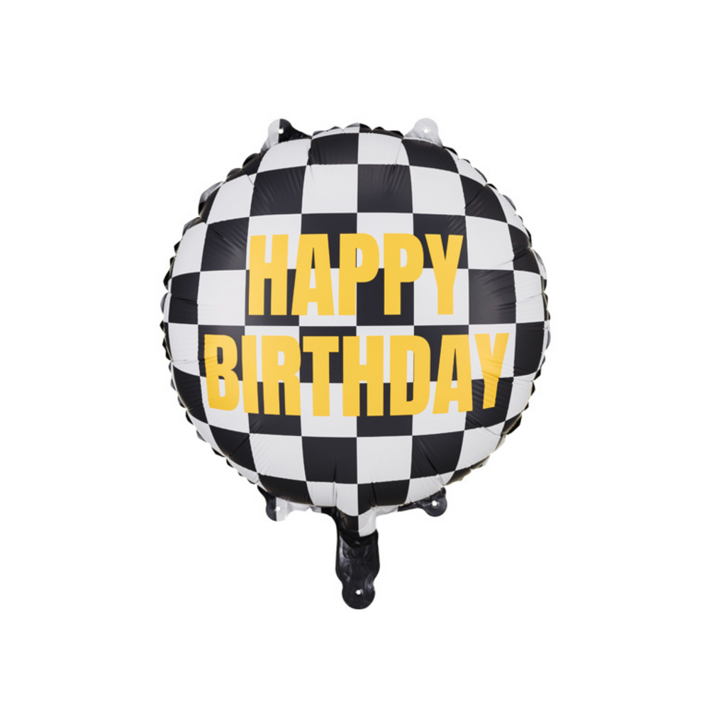 A large foil balloon with checkered racing flag background and bold “Happy Birthday” lettering, ideal for race-themed parties.