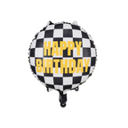 A large foil balloon with checkered racing flag background and bold “Happy Birthday” lettering, ideal for race-themed parties.