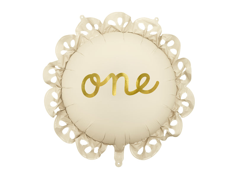 Decorative balloon with 'one' written on it, featuring a decorative lace pattern around the edge of balloon