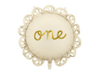 Decorative balloon with 'one' written on it, featuring a decorative lace pattern around the edge of balloon
