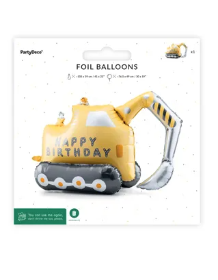 Foil balloon shaped like an excavator with 'Happy Birthday' text on a Party deco packaging.
