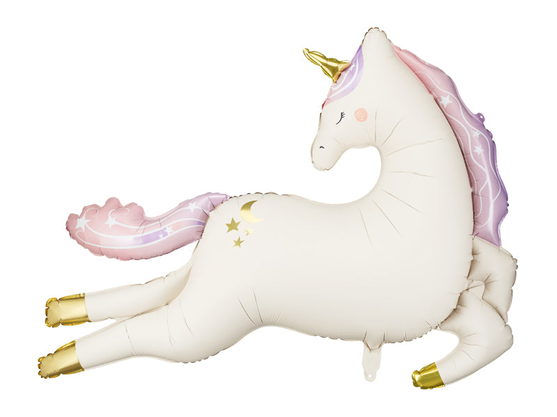  A foil balloon shaped like a unicorn, featuring pastel colors and sparkles, ideal for a fairytale-themed party.