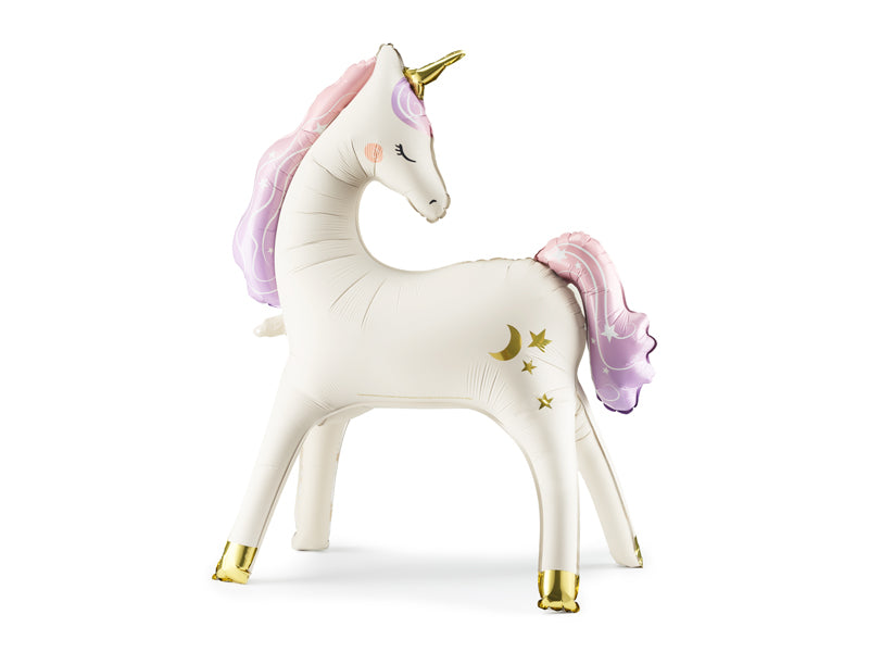 Unicorn Balloon with pink hair and gold hooves on a white background