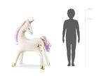 Unicorn balloon with dimensions shown next to a human silhouette on a white background