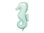 A foil balloon in the shape of a seahorse, perfect for a mermaid or underwater-themed event.