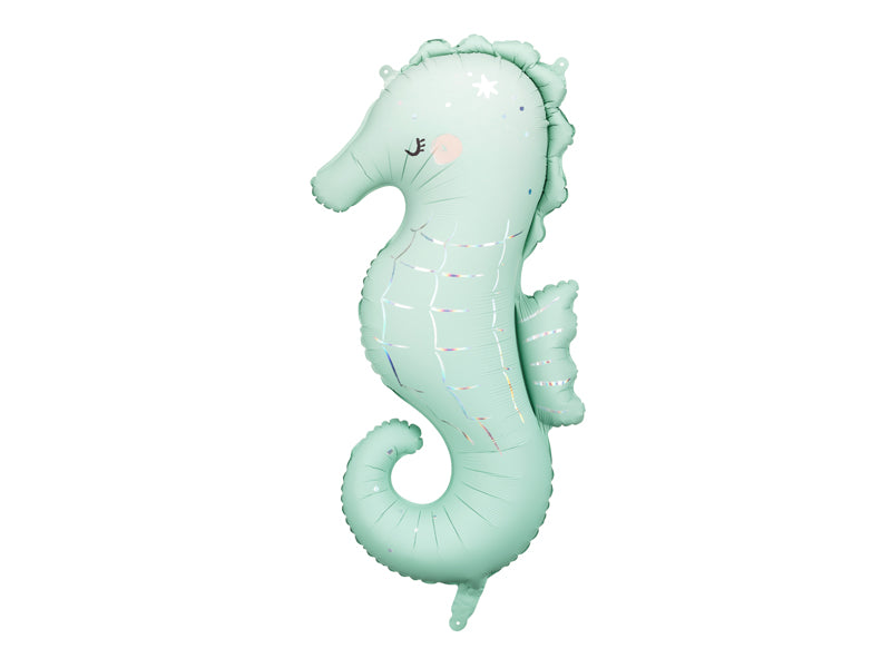 A foil balloon in the shape of a seahorse, perfect for a mermaid or underwater-themed event.