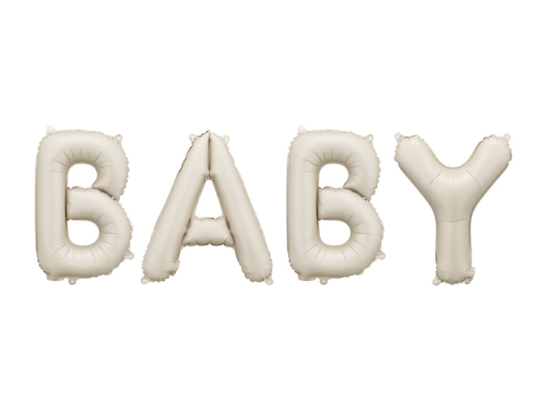 Beige Balloon letters spelling 'BABY' 