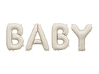 Beige Balloon letters spelling 'BABY' 