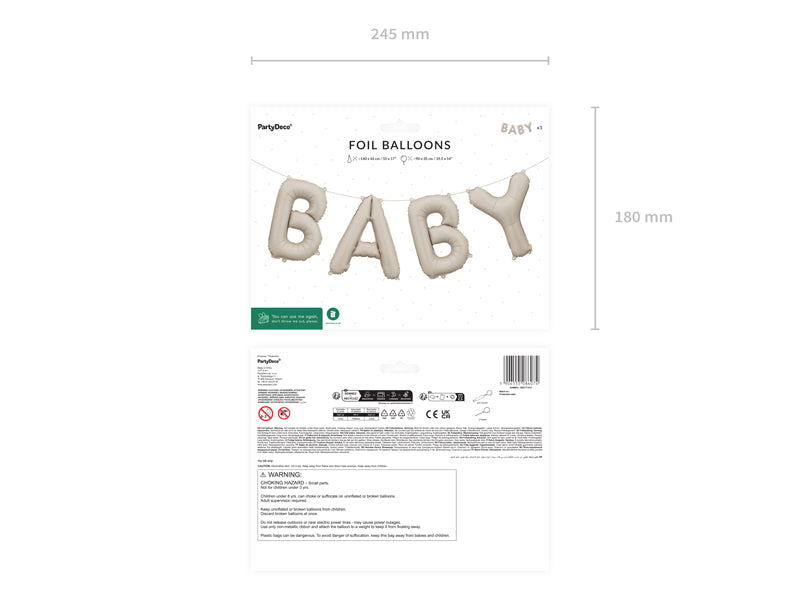 Foil balloon set spelling 'BABY' with packaging details on a white background