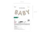 Foil balloon set spelling 'BABY' with packaging details on a white background