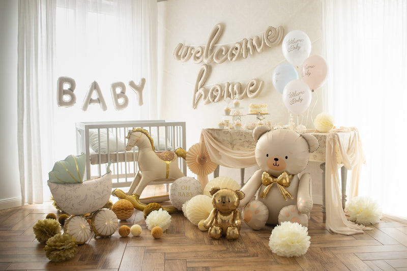 Baby room with crib, toys, and decorative elements in a warm and inviting setting.
